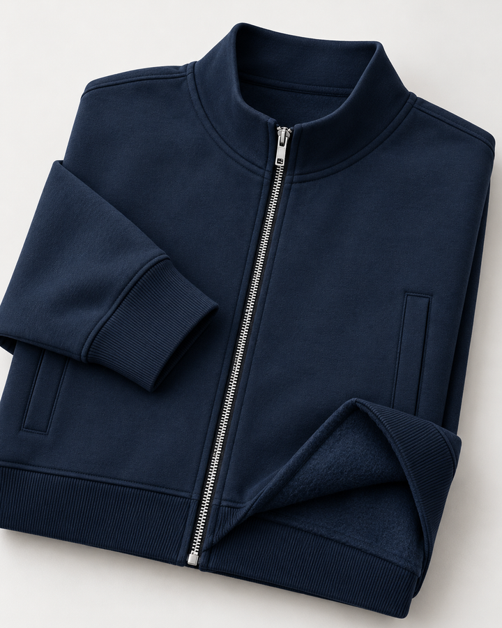 Sitztgut Unisex-Sweatshirt mit Stehkragen und Halbzip – Marineblau – Materialdetail