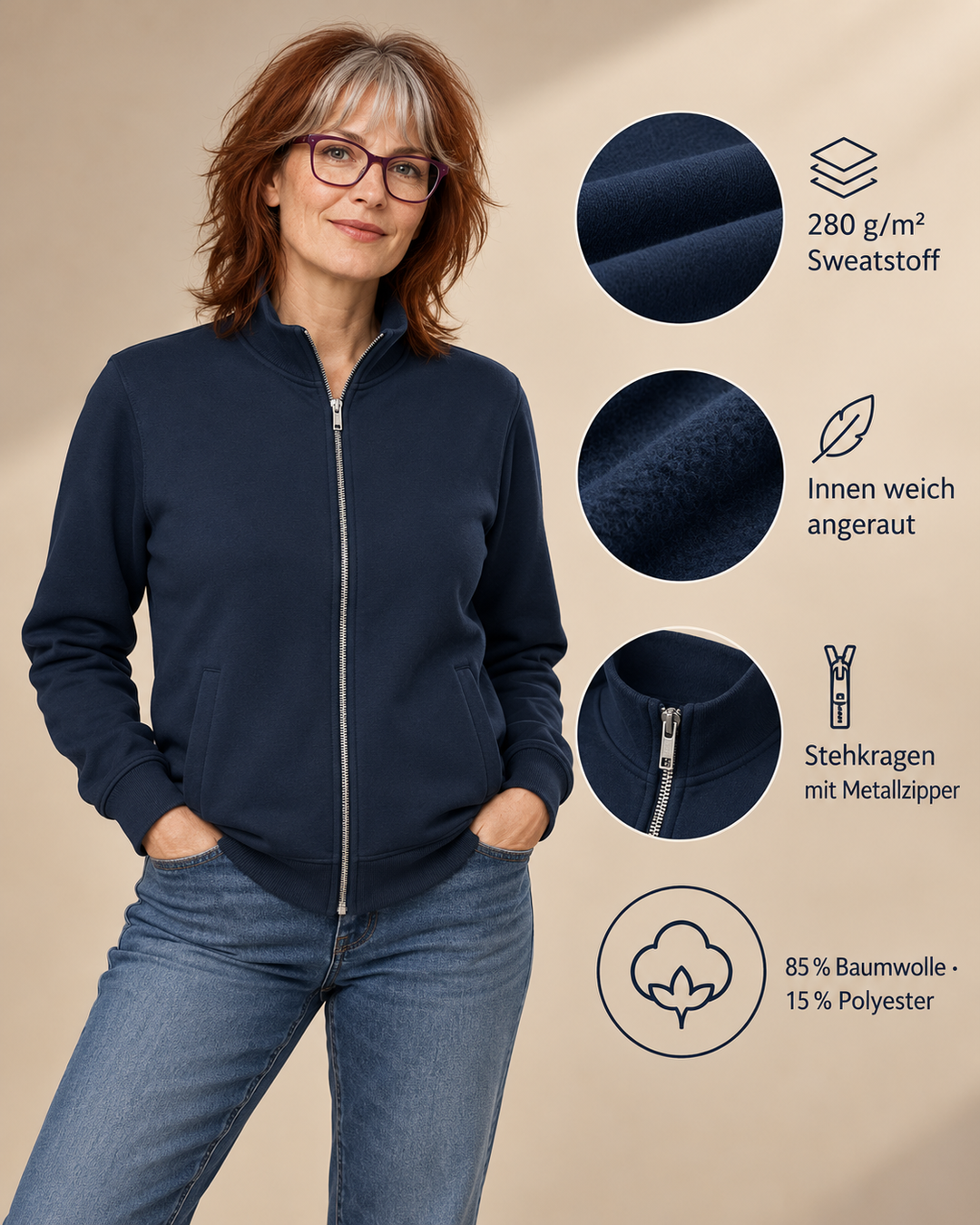 Sitztgut Unisex-Sweatshirt mit Stehkragen und Halbzip – Marineblau – Produktdetails