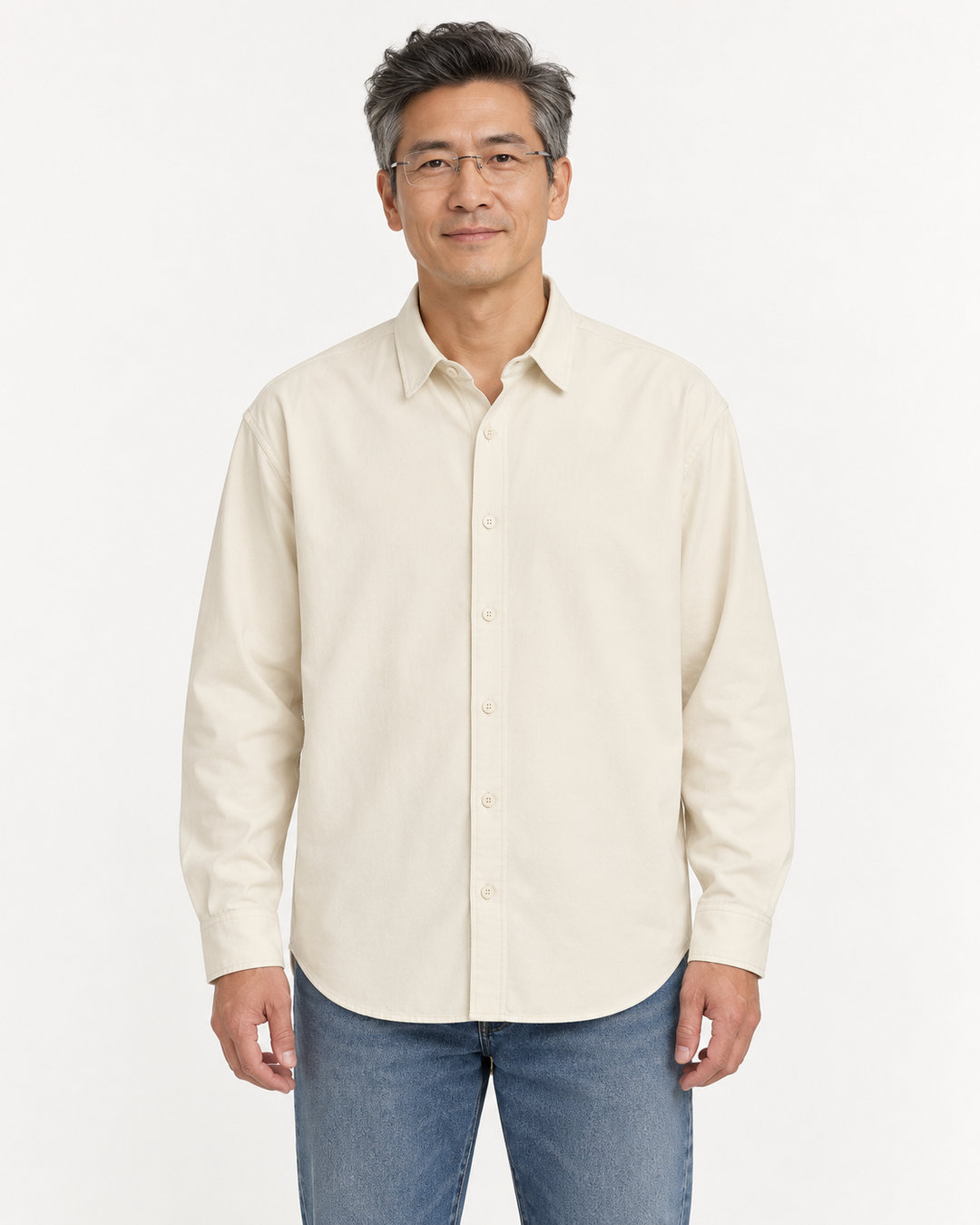 Sitztgut Unisex-Langarmhemd aus Baumwoll-Twill – Natur – Vorderansicht