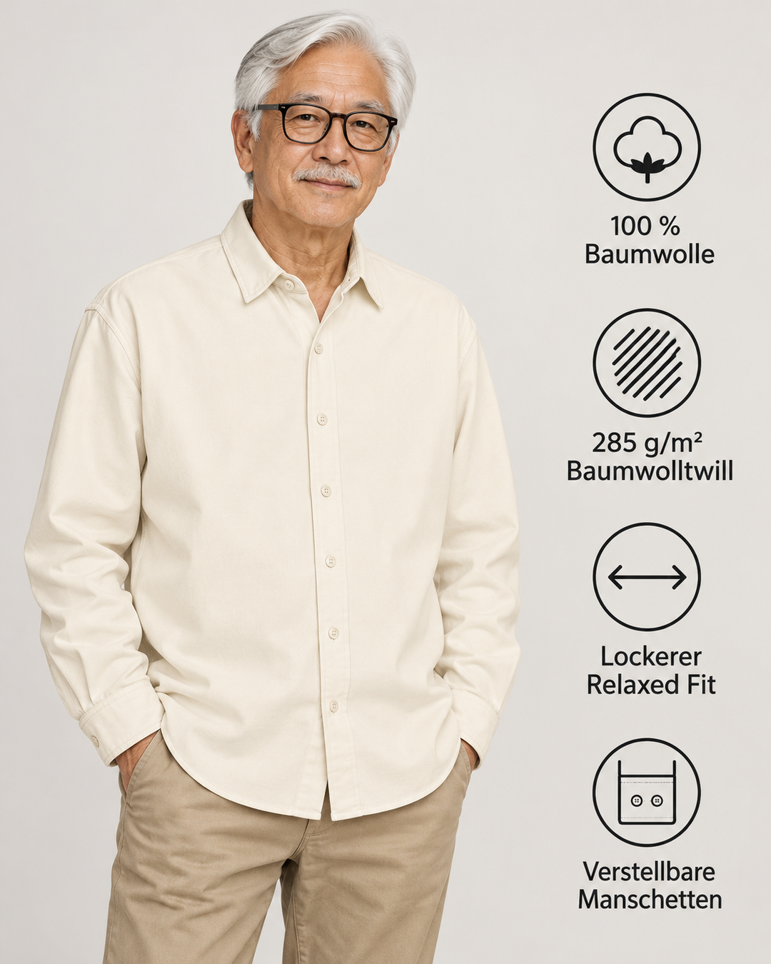 Sitztgut Unisex-Langarmhemd aus Baumwoll-Twill – Natur – Produktdetails