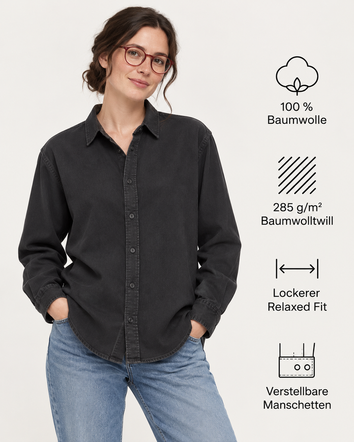 Sitztgut Unisex-Langarmhemd aus Baumwoll-Twill – G. Dyed Black Rock – Produktdetails