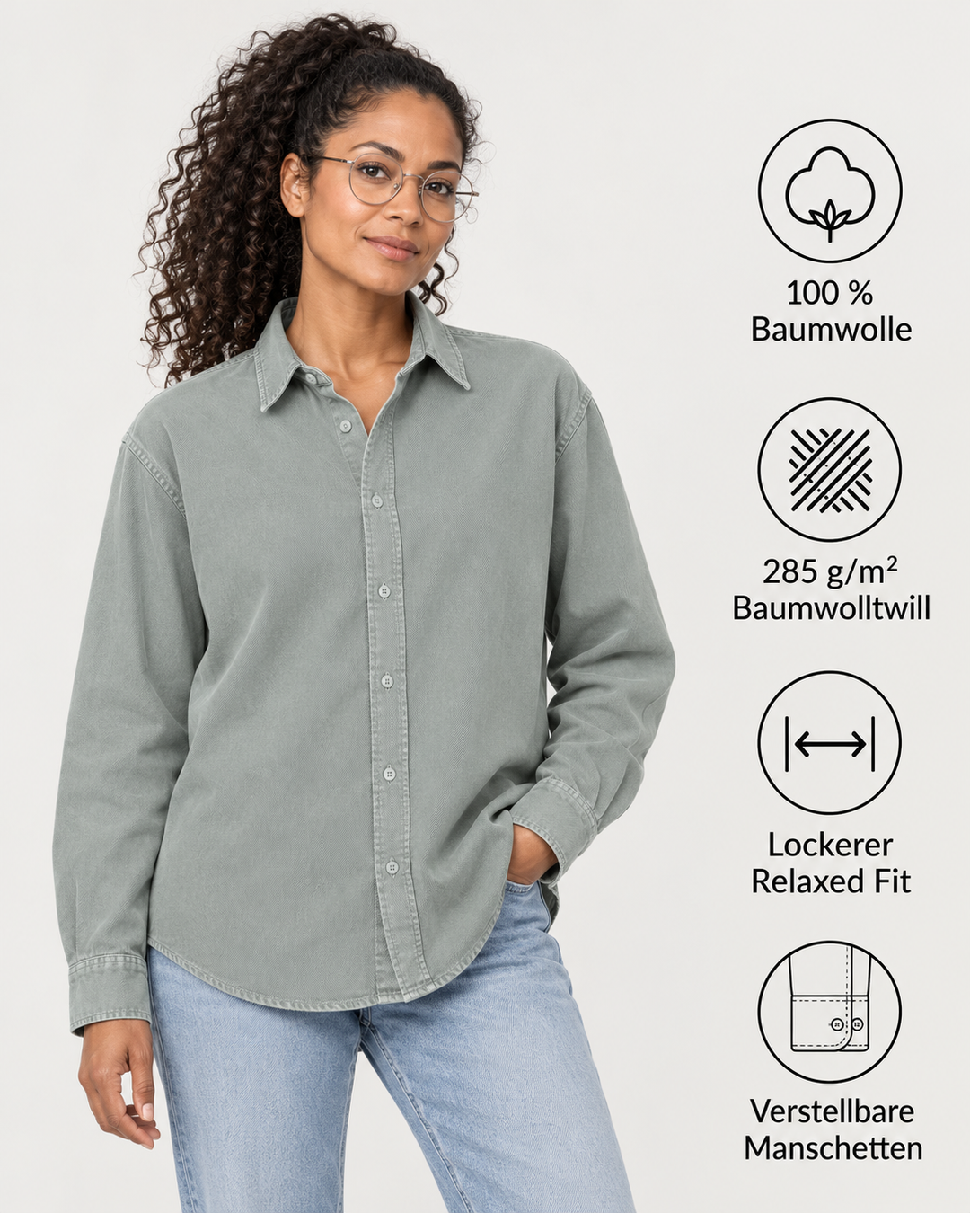 Sitztgut Unisex-Langarmhemd aus Baumwoll-Twill – G. Dyed Misty Grey – Produktdetails