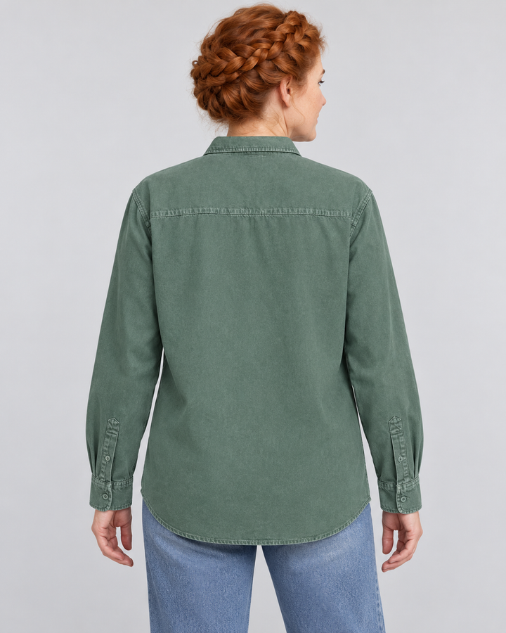 Sitztgut Unisex-Langarmhemd aus Baumwoll-Twill – G. Dyed Green Bay – Rückenansicht