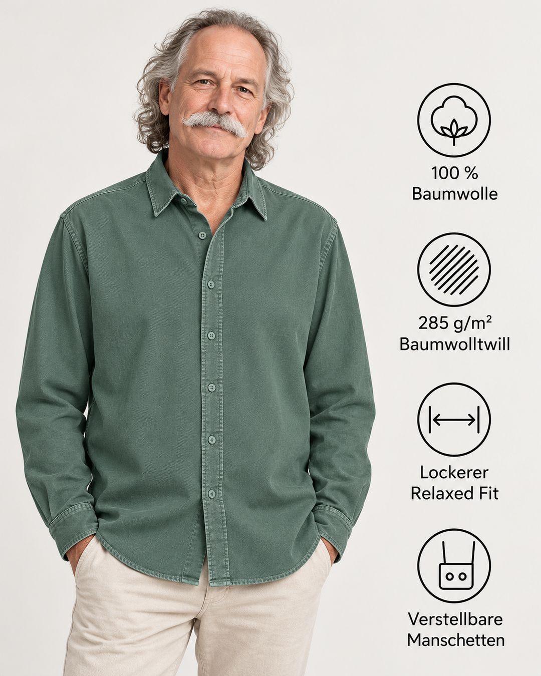 Sitztgut Unisex-Langarmhemd aus Baumwoll-Twill – G. Dyed Green Bay – Produktdetails