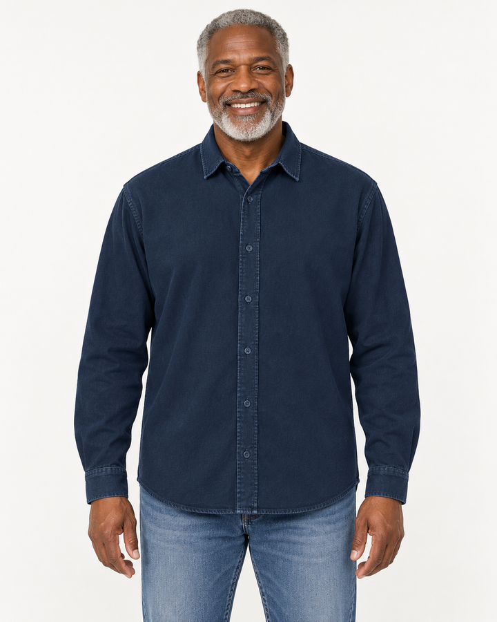 Sitztgut Unisex-Langarmhemd aus Baumwoll-Twill – G.Dyed Navy – Vorderansicht