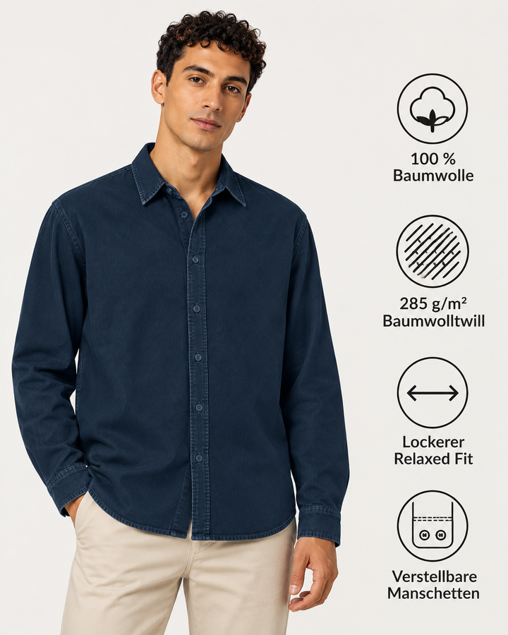 Sitztgut Unisex-Langarmhemd aus Baumwoll-Twill – G.Dyed Navy – Produktdetails