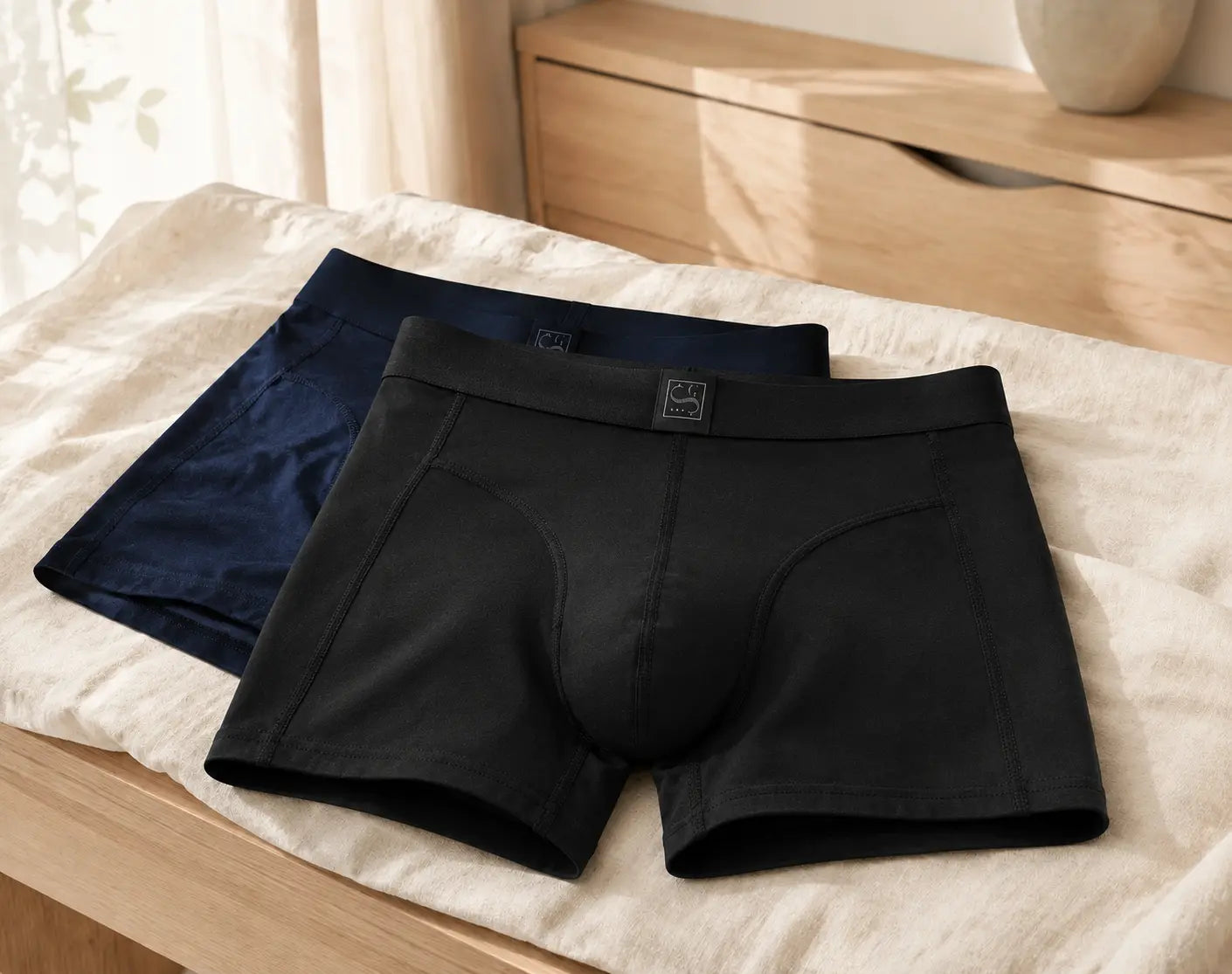 Schwarze und dunkelblaue Sitztgut Boxershorts in einer hellen Schlafzimmer-Szene